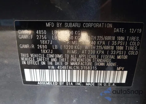 2020 Subaru Outback Limited from USA, damaged, VIN 4S4BTALC9L3158315